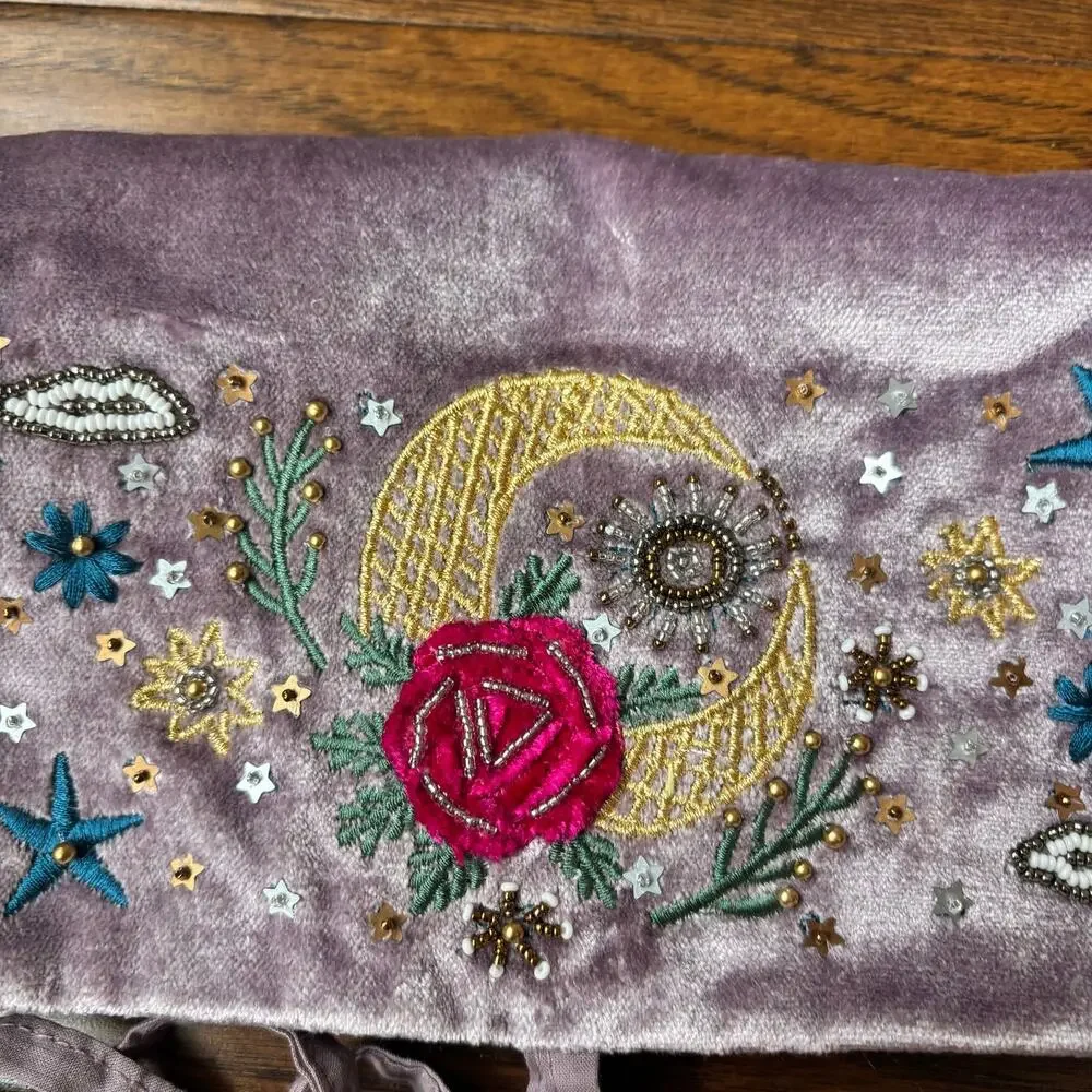NWT World Market Celestial Beaded Velvet Jewelry Roll Cosmetic Organizer Pouch
